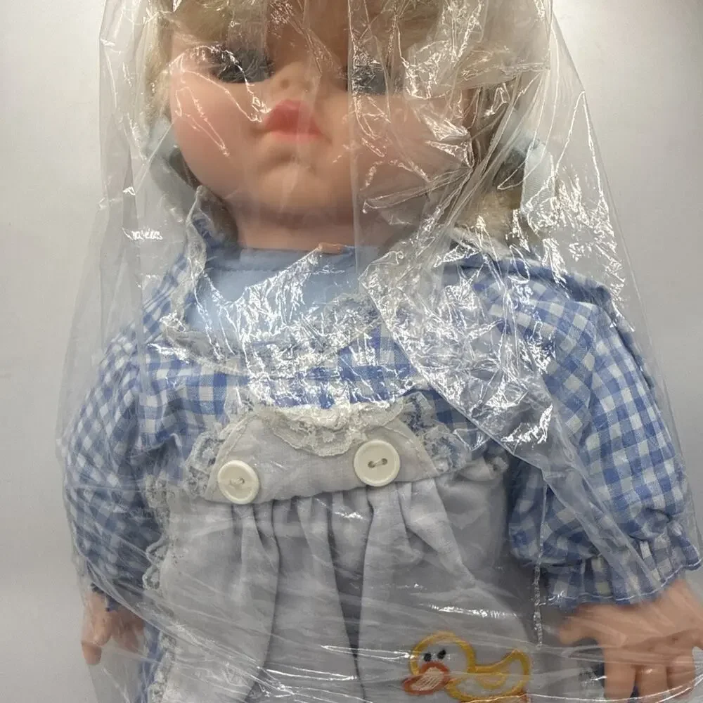 Vintage 15” Soft Body Baby Doll Blonde Hair Blue Gingham Dress *